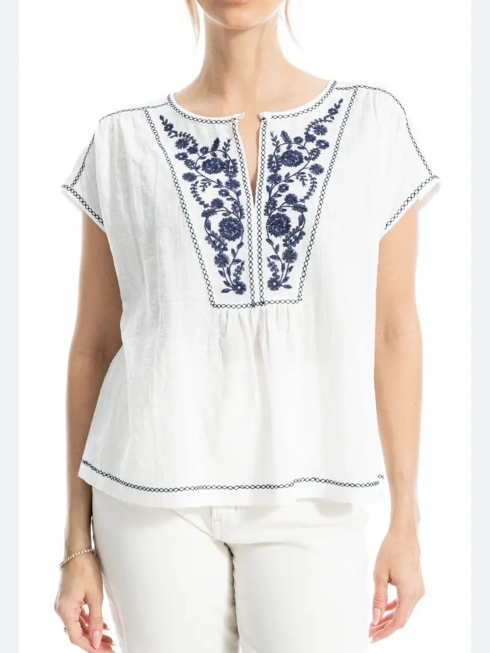 Max Studio London Embroidered Boho Blouse White Navy Floral Size 1XL